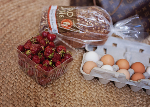 farmers market strawberries eggs and bread