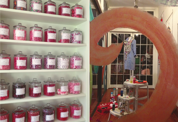 wall of jars filled with red candy and the windows at aquamarine at 114