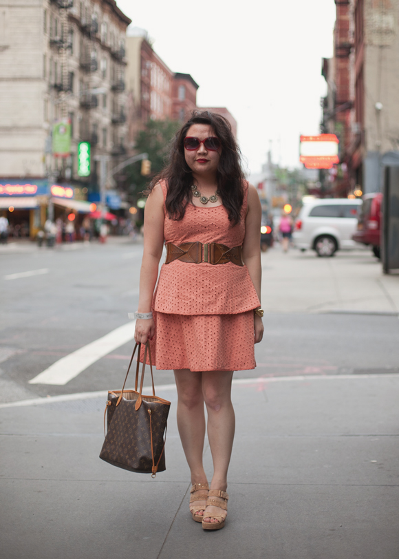 fashion blogger in soho in a forever 21 peach eyelet peplum dress