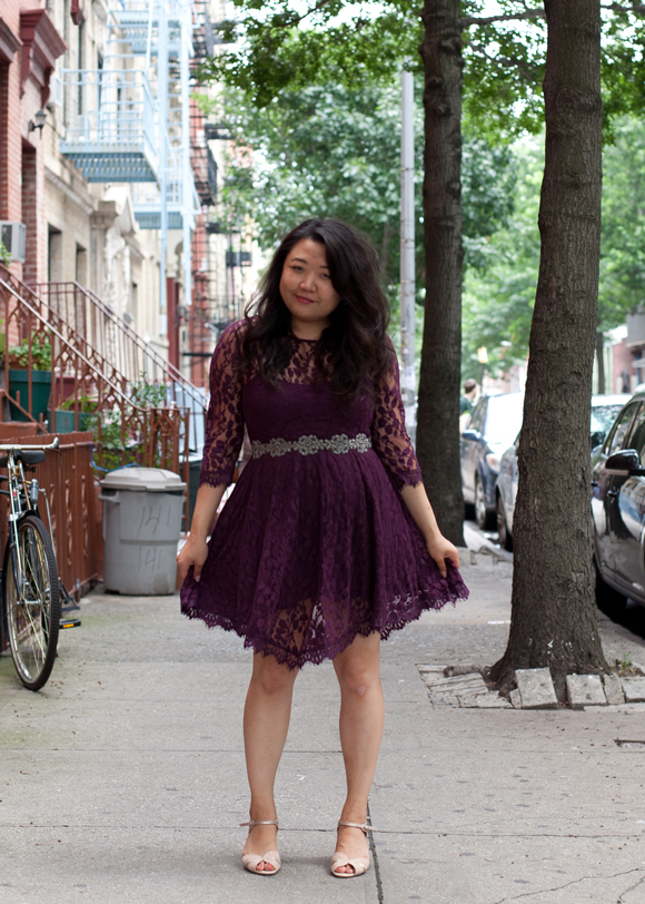 fashion blogger in a purple lace free people dress - williamsburg, brooklyn