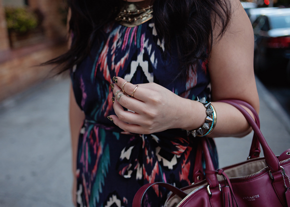 outfit of the day close up forever 21 ikat dress amy o jewelry accessories coach legacy molly satchel