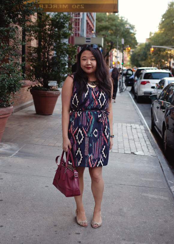 fashion blogger outfit of the day forever 21 ikat dress and coach molly black cherry satchel