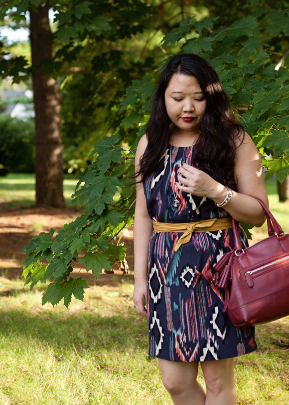 acai ikat dress and samba red bag fall 2013 color trends fashion blogger outfit