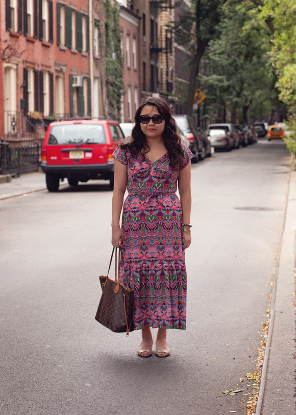vanessa virginia anthropologie mural maxi dress on the street in the west village