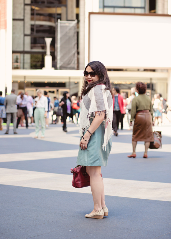 fashion blogger at fashion week lincoln center wearing reiss pastel blue leather dress burberry scarf coach satchel cole haan wedges