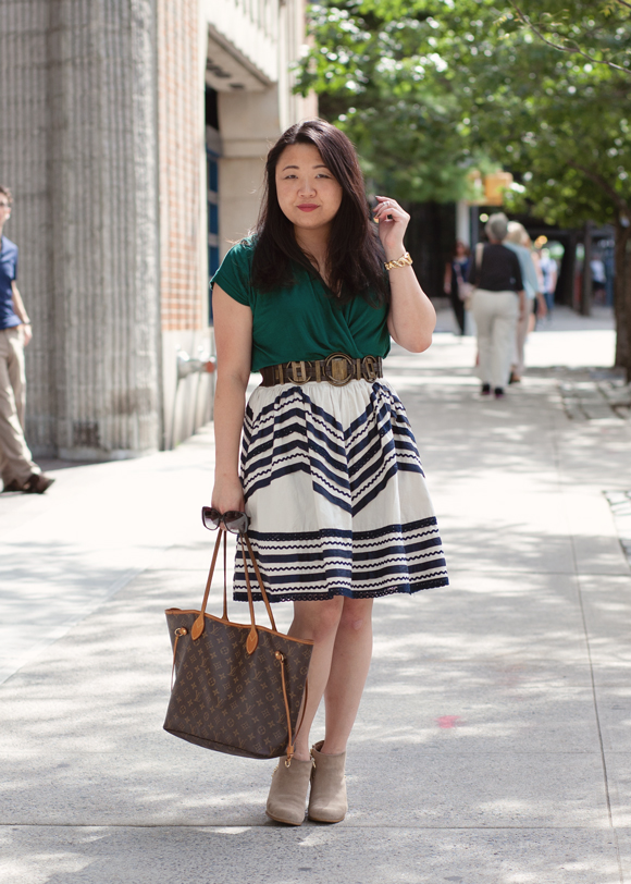 An outfit full of fall 2013 fashion trends: emerald green and American pastoral