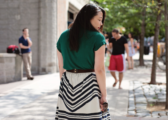 Trendy fall 2013 outfit: emerald green and American pastoral style Anthropologie skirt