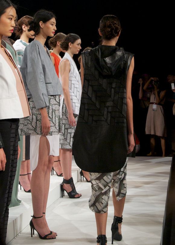 The back of a leather hoodie with a geometric design at Brandon Sun Spring 2014