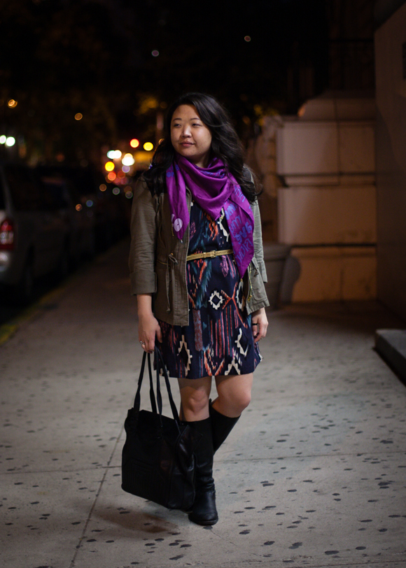 fashion blogger outfit forever 21 military inspired jacket, ikat dress and tall boots