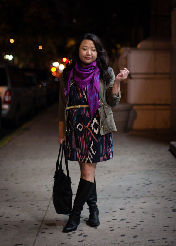 new york city fall fashion forever 21 military inspired jacket, ikat dress and tall boots