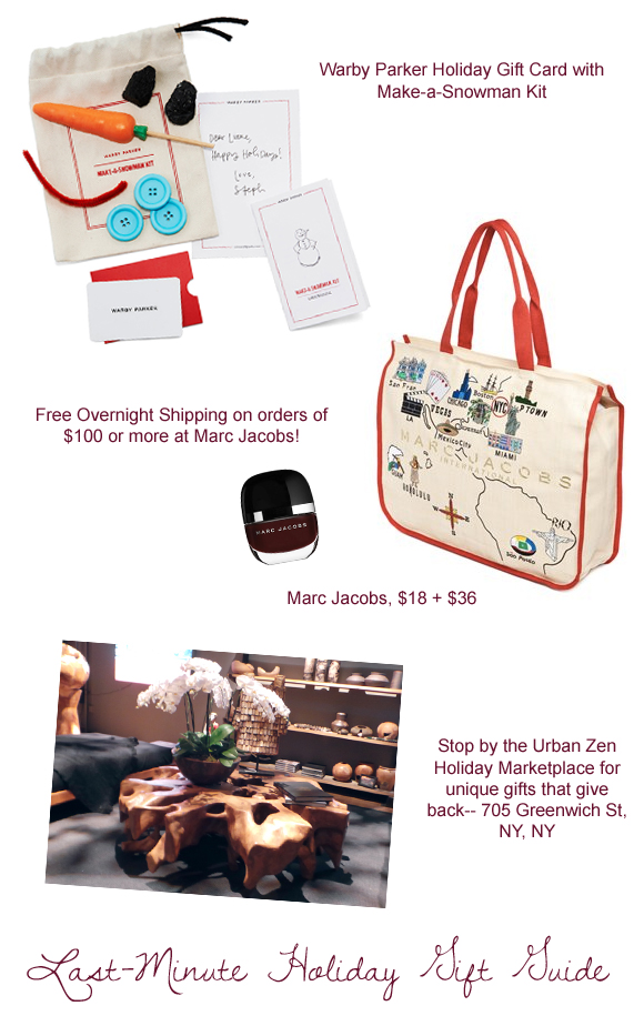 last minute gift holiday gift guide ideas - warby parker, marc jacobs, urban zen holiday marketplace