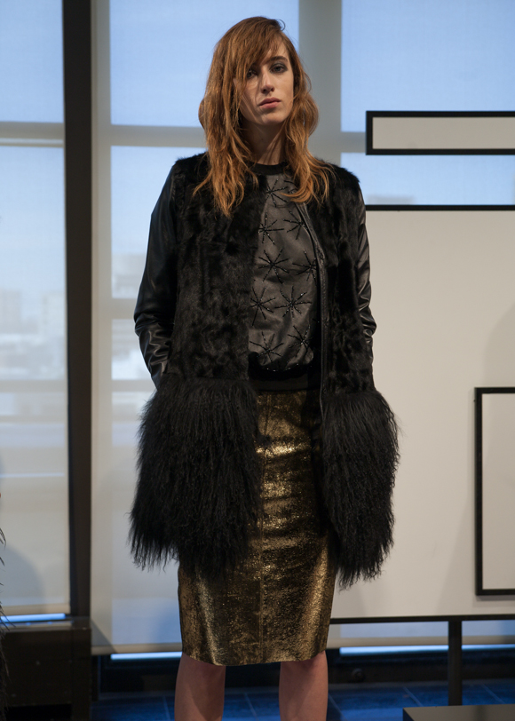 Black, gold and mohair coat and separates at RAOUL Fall 2014 Presentation