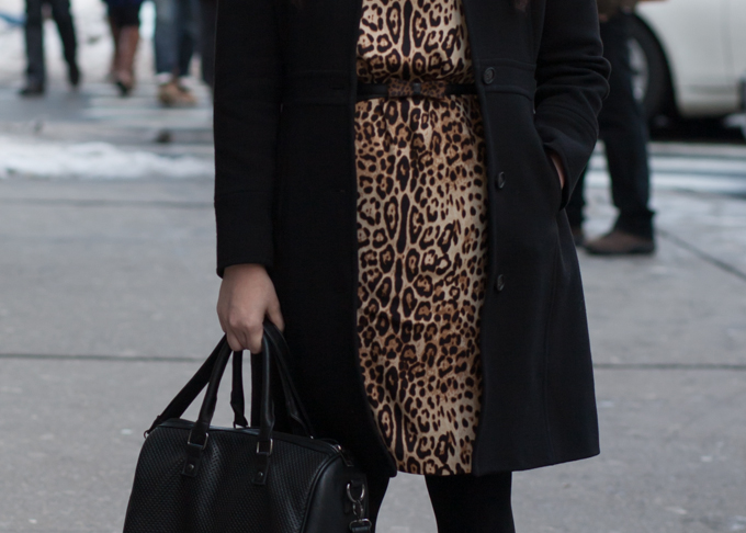 J.Crew lady day coat, leopard Joe Fresh dress, Forever 21 bag and La Canadienne boots | Winter in New York City