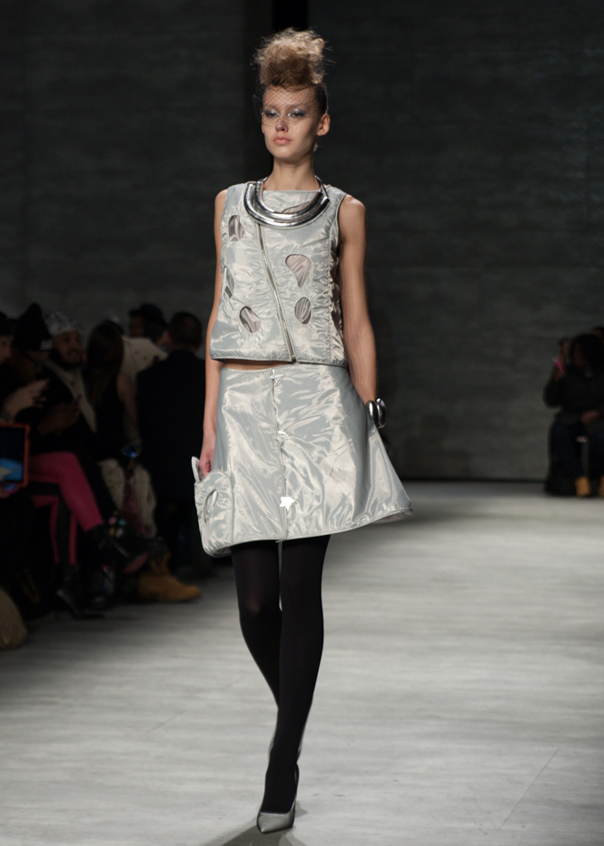 Silver Metallic Down Vest and Skirt with Pocket Katya Leonovich Fall 2014 | New York Fashion Week