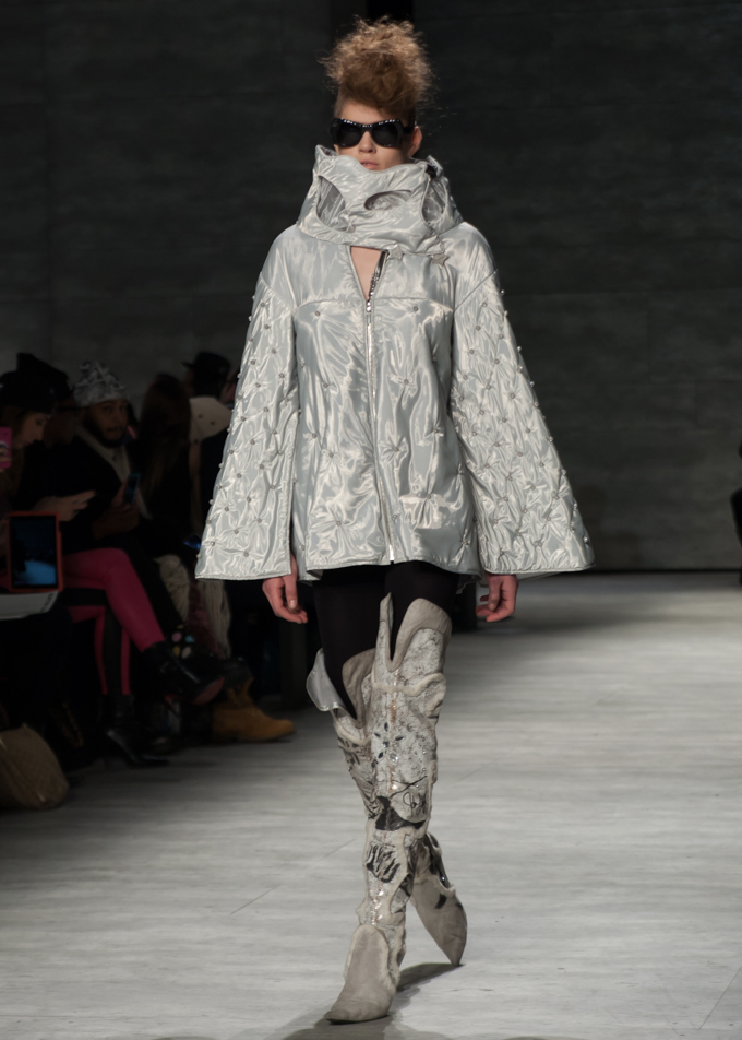 Silver Metallic Down Bubble Coat and Over the Knee Boots | Katya Leonovich Fall 2014 | New York Fashion Week