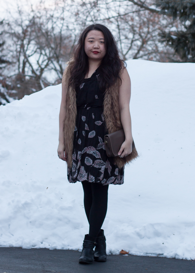 Leifsdottir dress and Vivienne Vivienne Tam faux fur vest | Outfit for dinner on a snowy day | Delayed Missives lifestyle blog