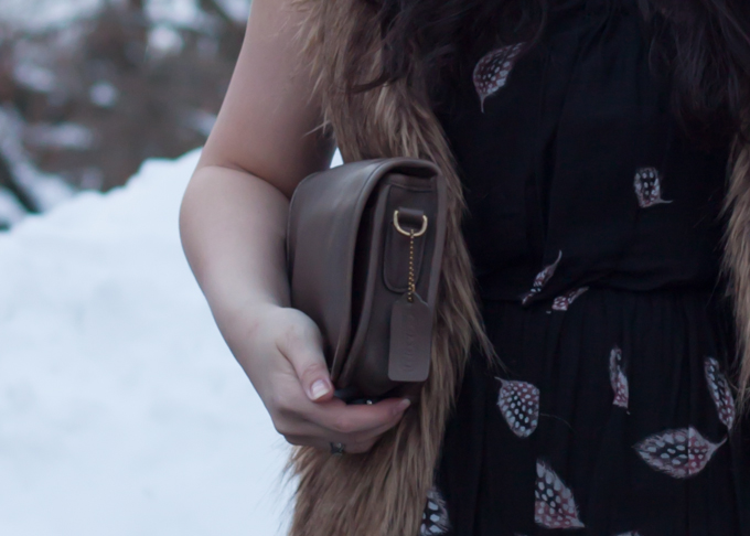 Vintage Coach bag and Leifsdottir dress | Outfit for dinner on a snowy day | Delayed Missives lifestyle blog