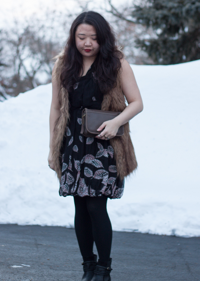 Leifsdottir dress and Vivienne Vivienne Tam faux fur vest | Outfit for dinner on a snowy day | Delayed Missives lifestyle blog