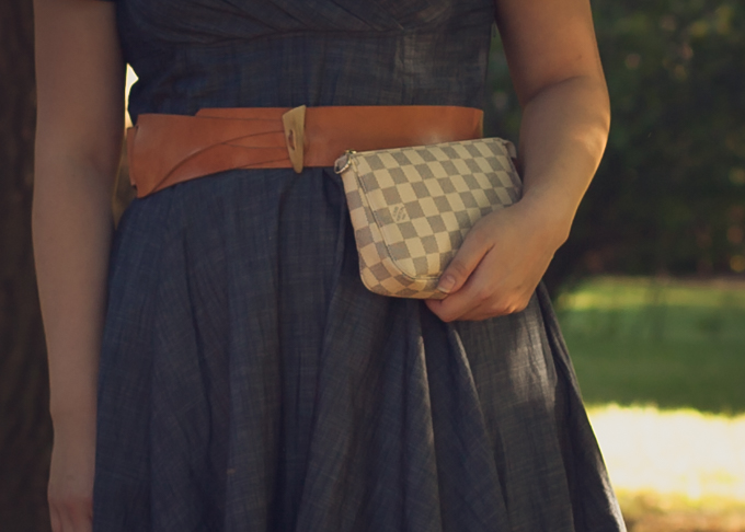 Wearing an eShakti vintage inspired chambray dress with Felix Rey belt and Louis Vuitton Pochette