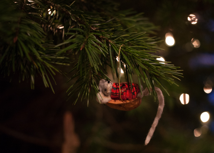 mouse in a walnut christmas tree ornament