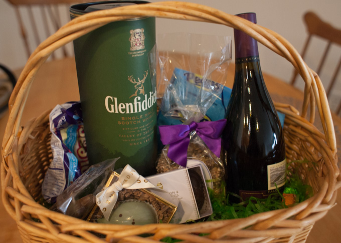 The over 21 Easter basket. Includes Glenfidditch, red wine, Cadybury mini eggs and Peeps.