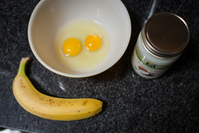 one banana, two eggs, coconut oil - ingredients for blogilates gluten free dairy free pancakes