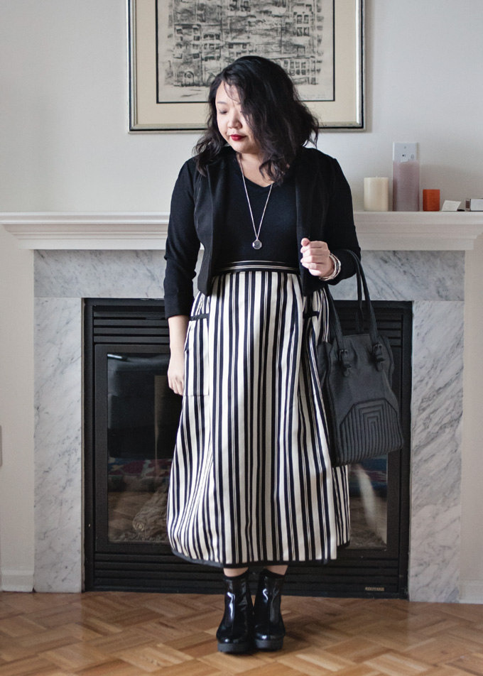black and white striped midi skirt