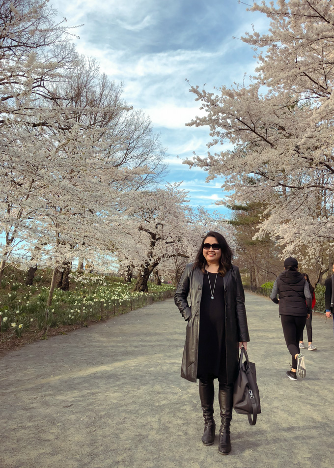 Posing for a photo with blooming trees in the background in Central Park.